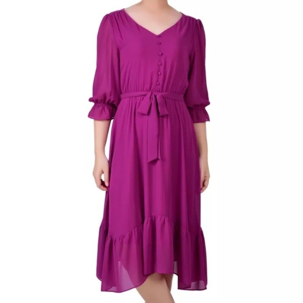 NY Collection 3/4 Sleeve V Neck Flounced Magenta Belted Dress Womens Size PM NWT